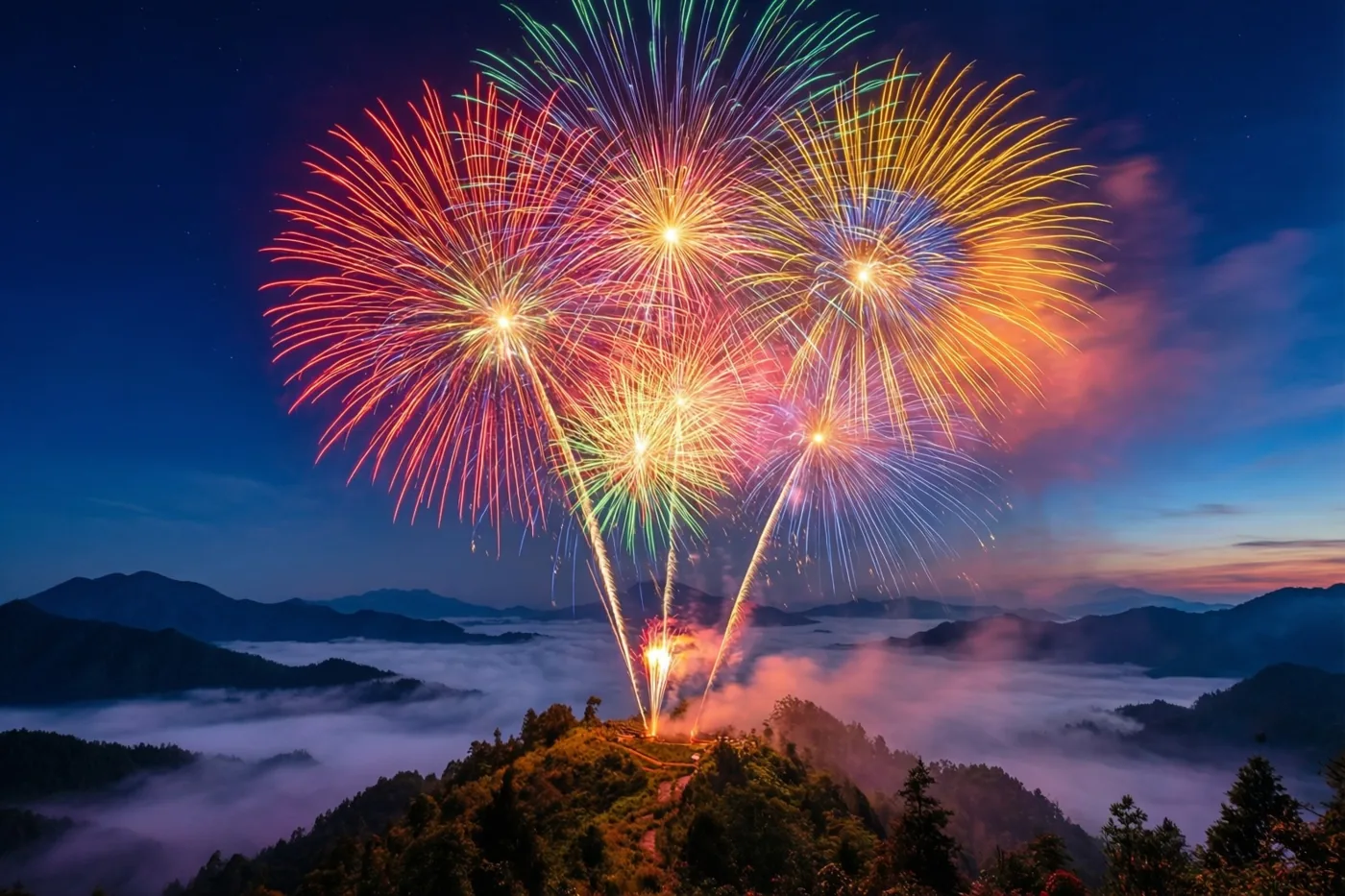 Rood, geel en blauw vuurwerk barst 's nachts los boven een bergtop en verlicht een vallei vol mist.