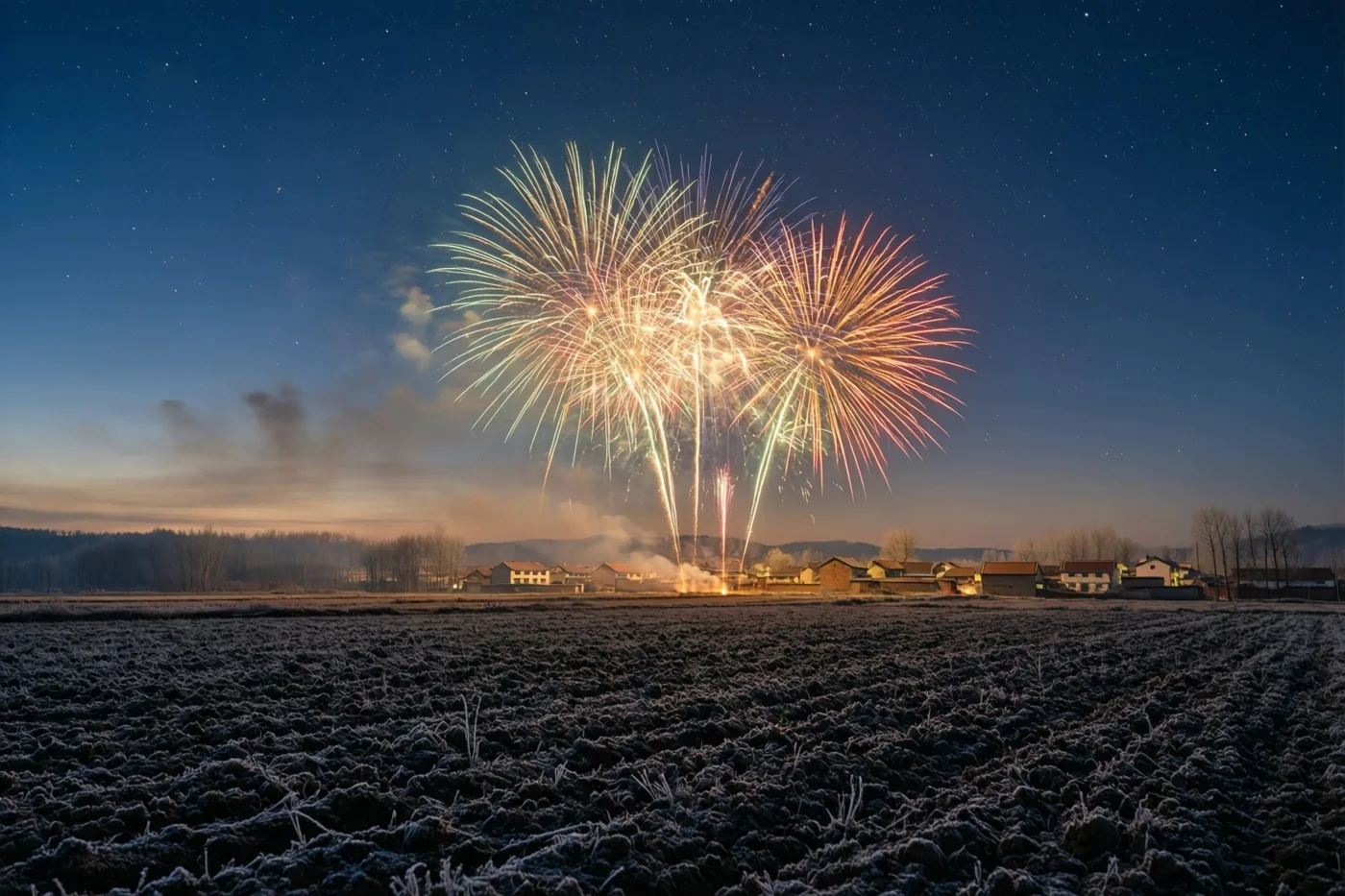 Kleurrijke vuurwerksporen lichten op boven een dorp in de verte en berijpte akkers onder een sterrenhemel, in blauwe, oranje en witte tinten.