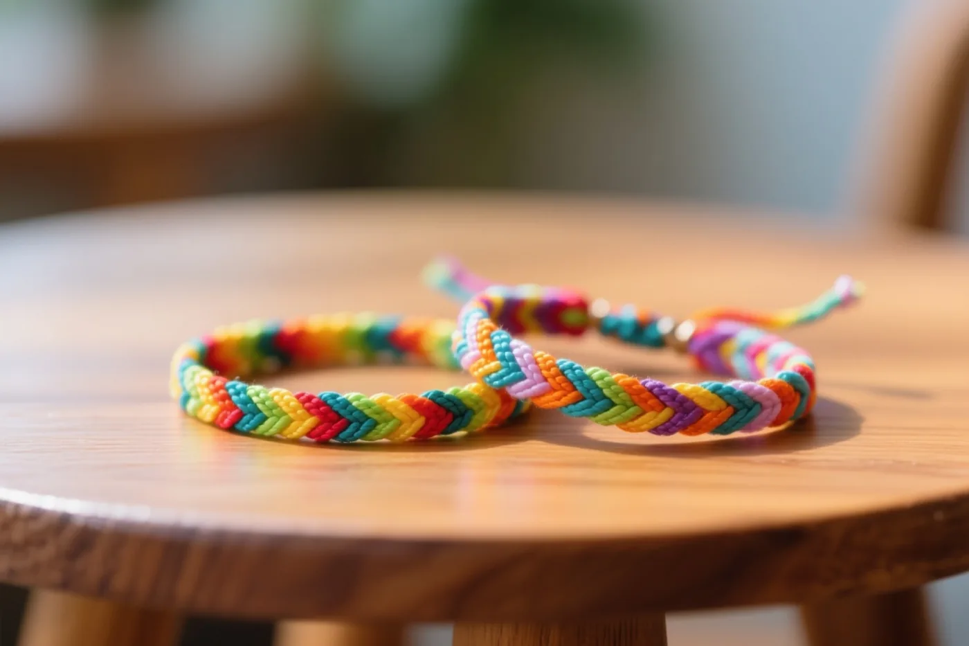 Twee kleurrijke vriendschapsarmbandjes met een zigzagpatroon liggen verstrengeld op een ronde houten tafel in zacht licht.
