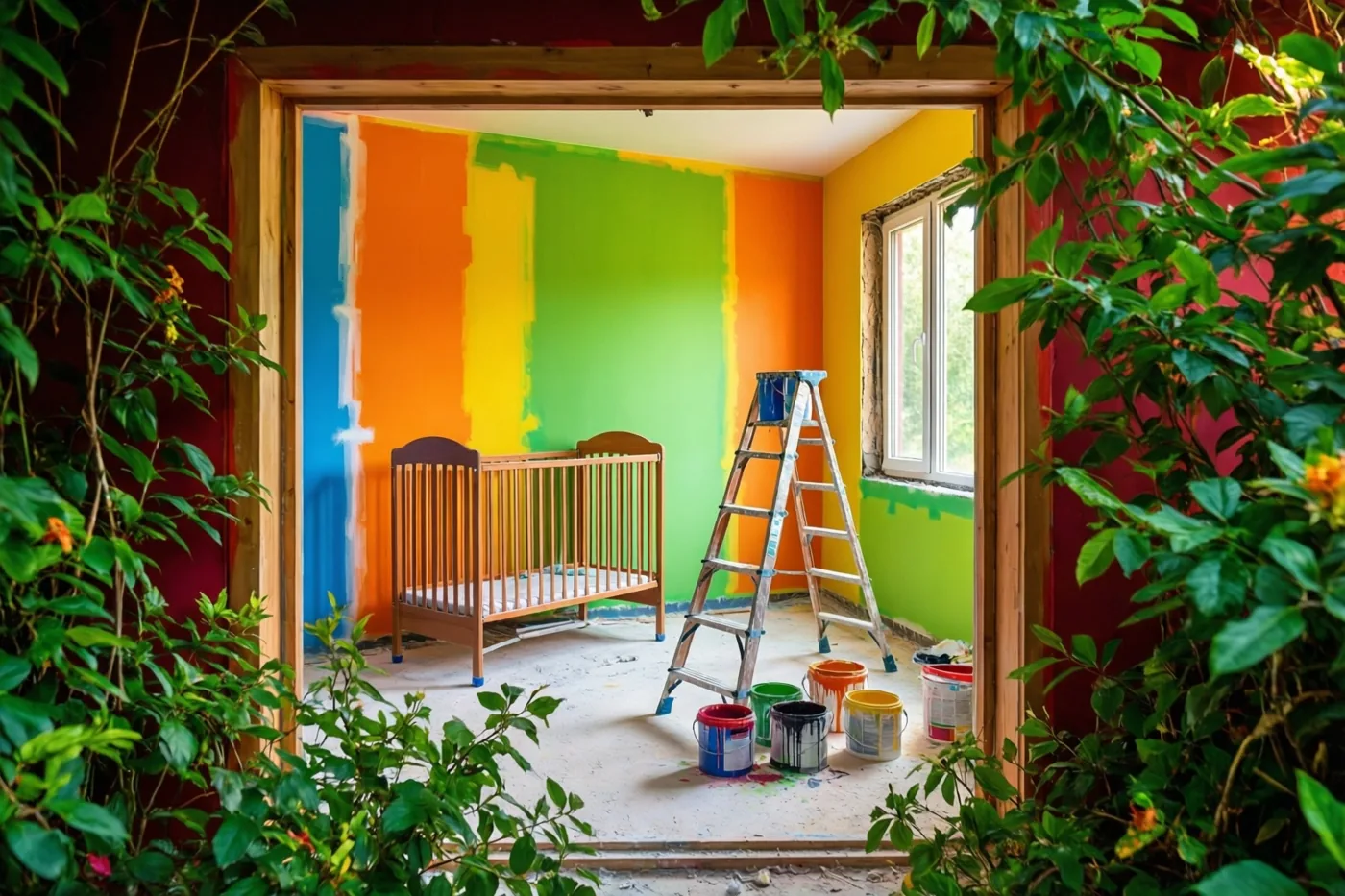 Door een houten deuropening met groen gebladerte eromheen is een babykamer te zien met oranje, groene en blauwe muurvlakken, een houten babybedje, een ladder en verfemmers.
