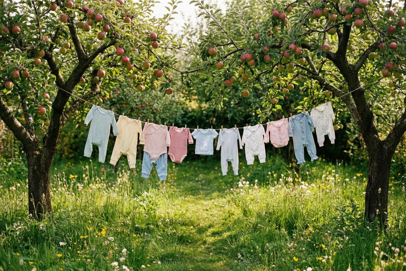 Kleurrijke babypakjes hangen aan een waslijn tussen twee appelbomen in een groene lentetuin met zacht zonlicht.
