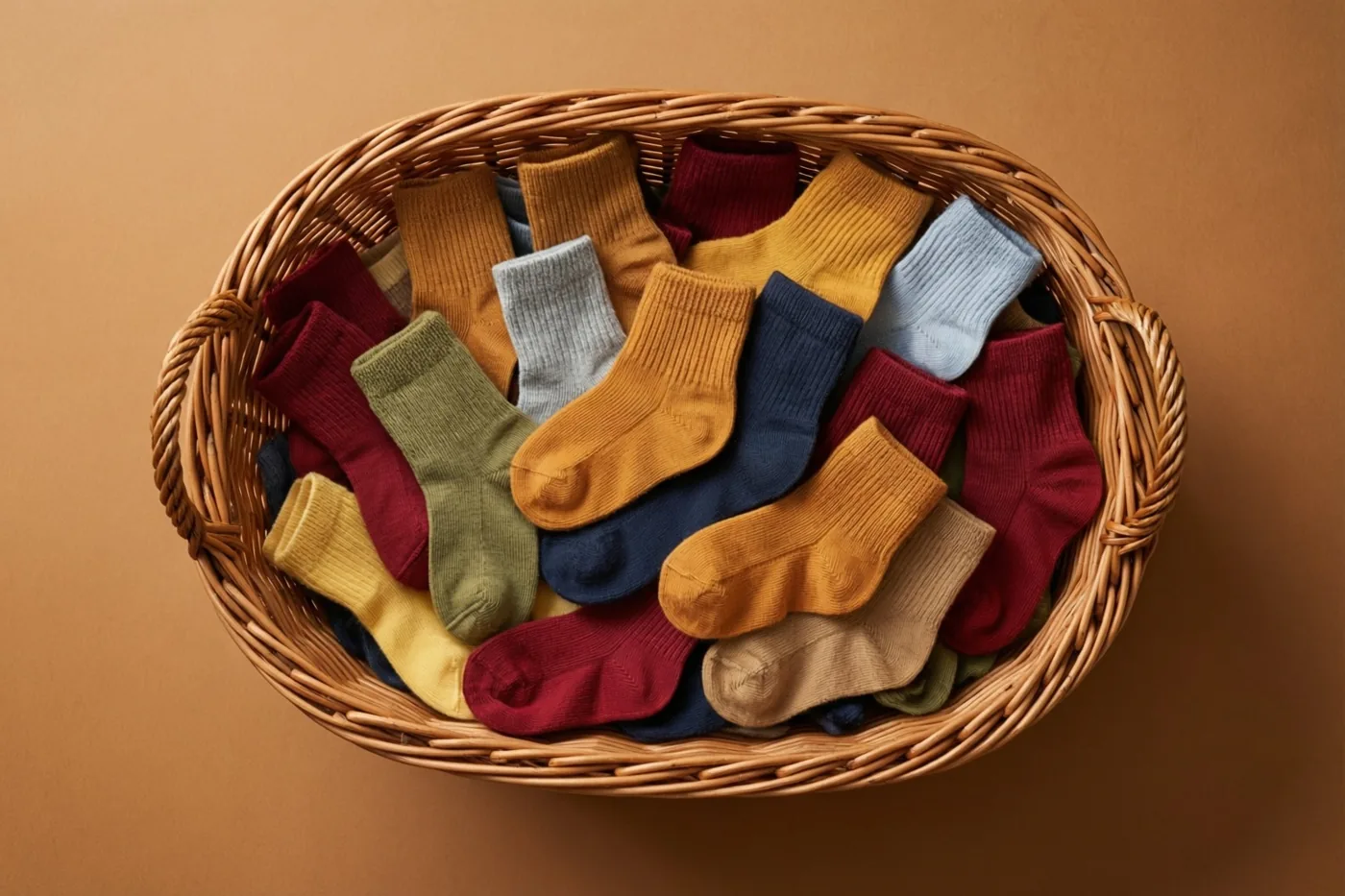 Een rieten mand vol kleurrijke babysokjes staat tegen een effen bruine achtergrond.