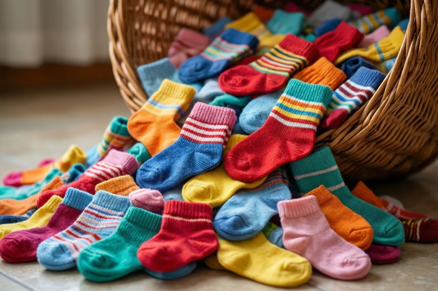 Een mand vol kleurrijke babysokjes loopt over op een tegelvloer, met felle kleuren en pasteltinten.