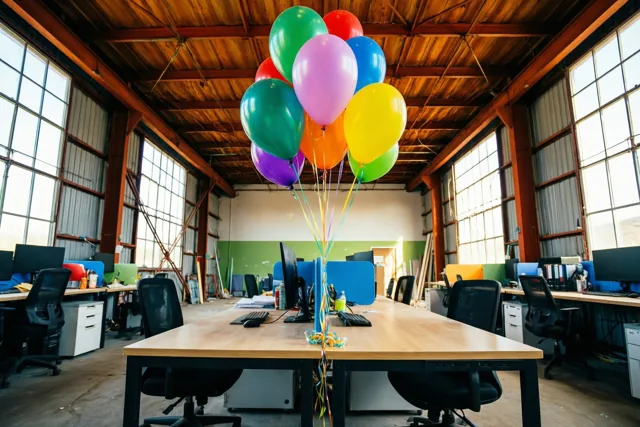Een tros kleurrijke ballonnen hangt aan een leeg bureau in een ruime kantoorruimte in een gerenoveerde loods met hoge plafonds en grote ramen.