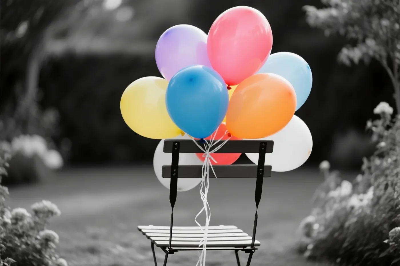 Een tros kleurrijke ballonnen hangt aan een tuinstoel in een buitenomgeving die verder in zwart-wit is weergegeven.
