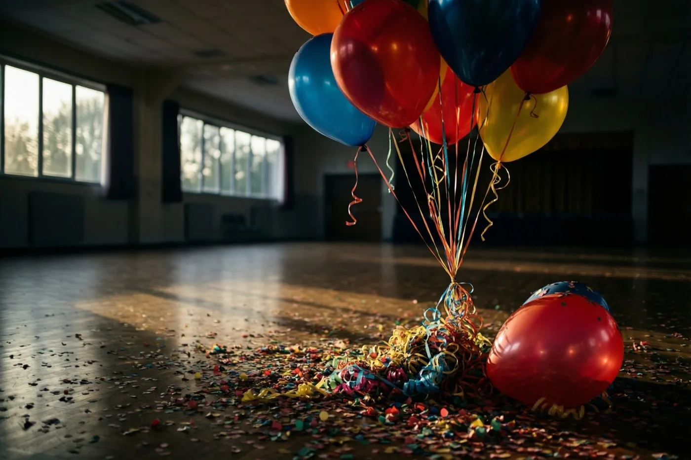 Een tros kleurrijke ballonnen met verwarde slingers ligt op een houten vloer vol confetti in een lege zaal, waar zacht ochtendlicht door de ramen valt.