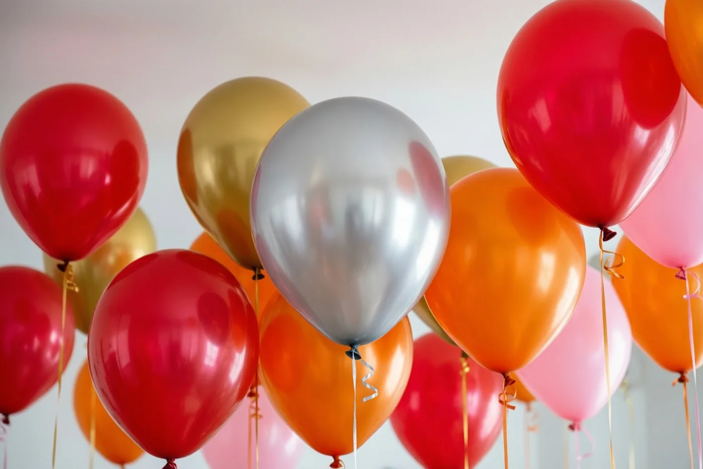 Glanzende ballonnen in rood, goud, zilver, oranje en roze zweven tegen een effen wit plafond.