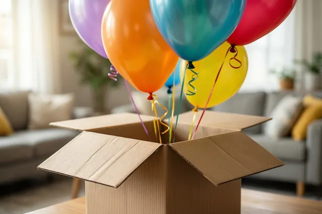 Kleurrijke ballonnen stijgen uit een open kartonnen doos op een houten tafel in een lichte woonkamer met een zetel op de achtergrond.