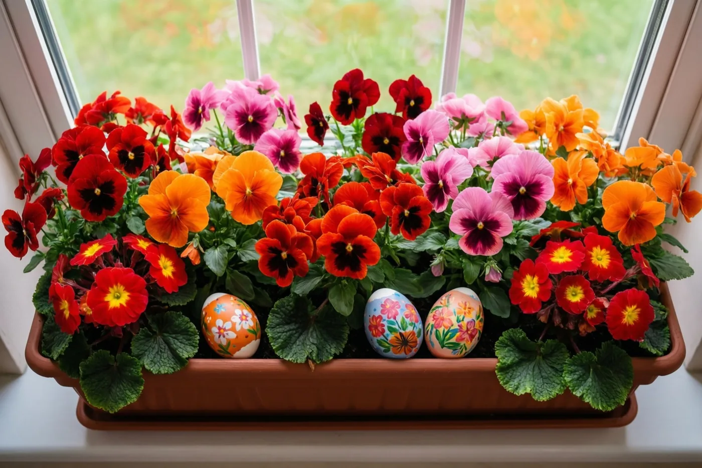 Een bloembak met viooltjes en primula’s in rood, roze, oranje en geel en drie beschilderde paaseieren staat op een vensterbank met een onscherpe groene tuin op de achtergrond.