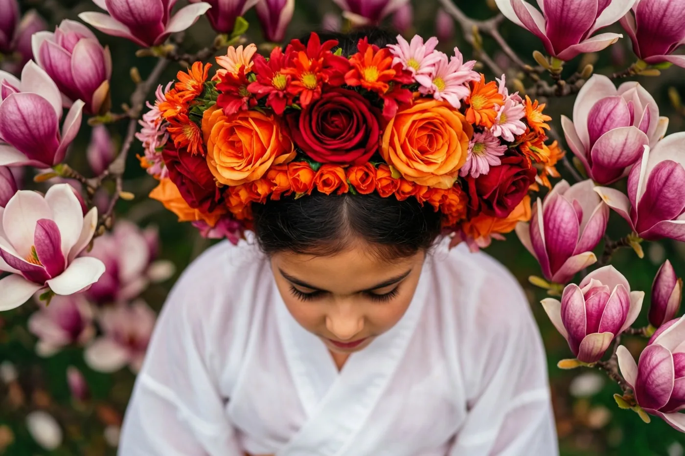 Een meisje in een wit gewaad en een kleurrijke bloemenkroon staat met gebogen hoofd en afgewend gezicht tussen roze-paarse magnolia’s, met rode, oranje en roze tinten in het beeld.