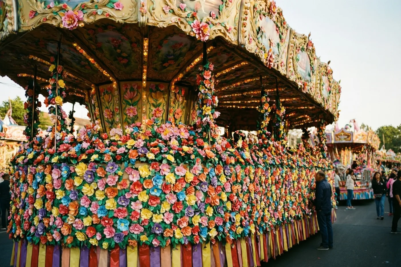 Een grote, rijk versierde praalwagen vol roze, gele, blauwe en paarse papieren bloemen staat onder een heldere lucht, met mensen in de verte.