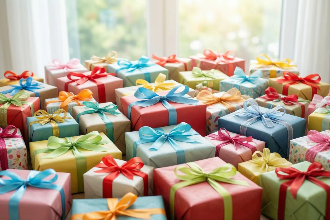 Van bovenaf zie je veel dicht bij elkaar liggende, kleurrijk ingepakte cadeaus met linten in zacht daglicht bij een raam.