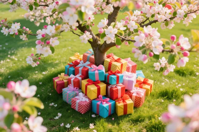 Kleurrijke ingepakte cadeaus met linten liggen onder een bloeiende appelboom in een zonnige lentetuin met roze en witte bloemen en groen gras.