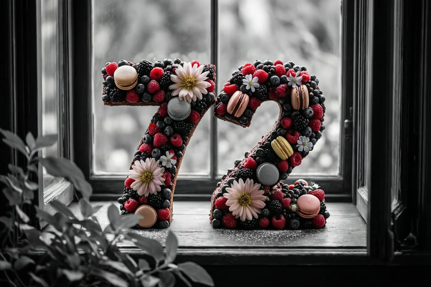 Een taart in de vorm van 72 met bessen, macarons en eetbare bloemen staat op een vensterbank, met een zwart-wit raamzicht en een plant op de voorgrond.