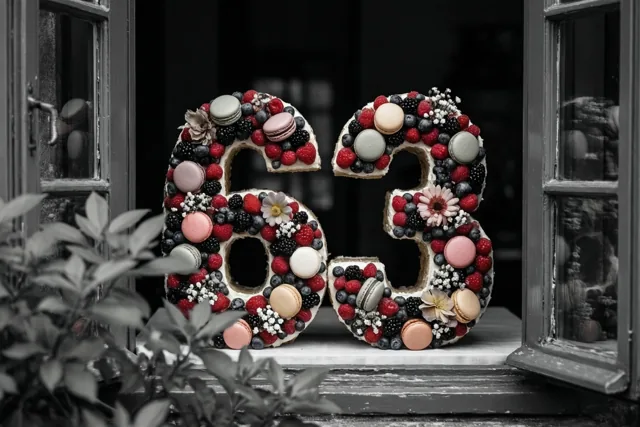 Een taart in de vorm van 63 met bessen, macarons en eetbare bloemen staat op een vensterbank, met rode, roze en witte accenten tegen een monochrome achtergrond.