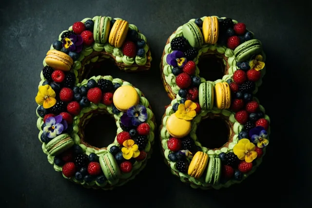 Een taart in de vorm van 68 is versierd met bessen, macarons en eetbare bloemen in groene, rode, gele en paarse tinten tegen een donkere achtergrond.