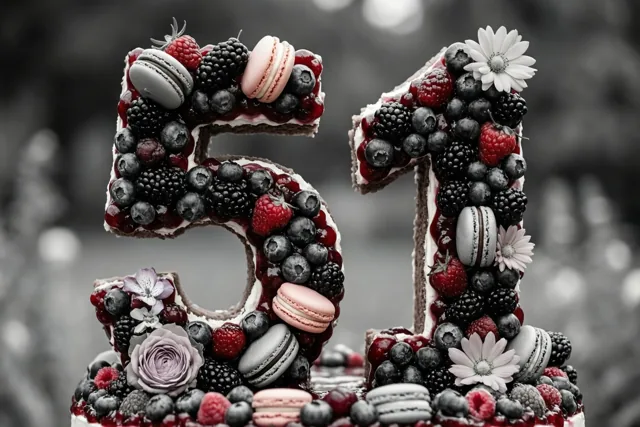 Een kleurrijke taart in de vorm van 51 met bessen, macarons en eetbare bloemen staat voor een onscherpe zwart-witte achtergrond.