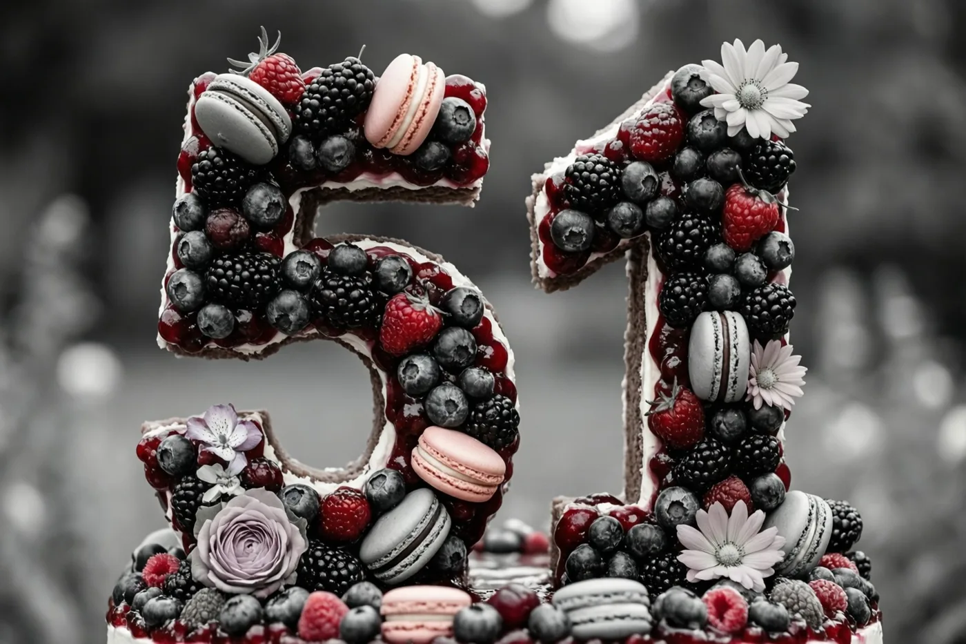 Een kleurrijke taart in de vorm van 51 met bessen, macarons en eetbare bloemen staat voor een onscherpe zwart-witte achtergrond.