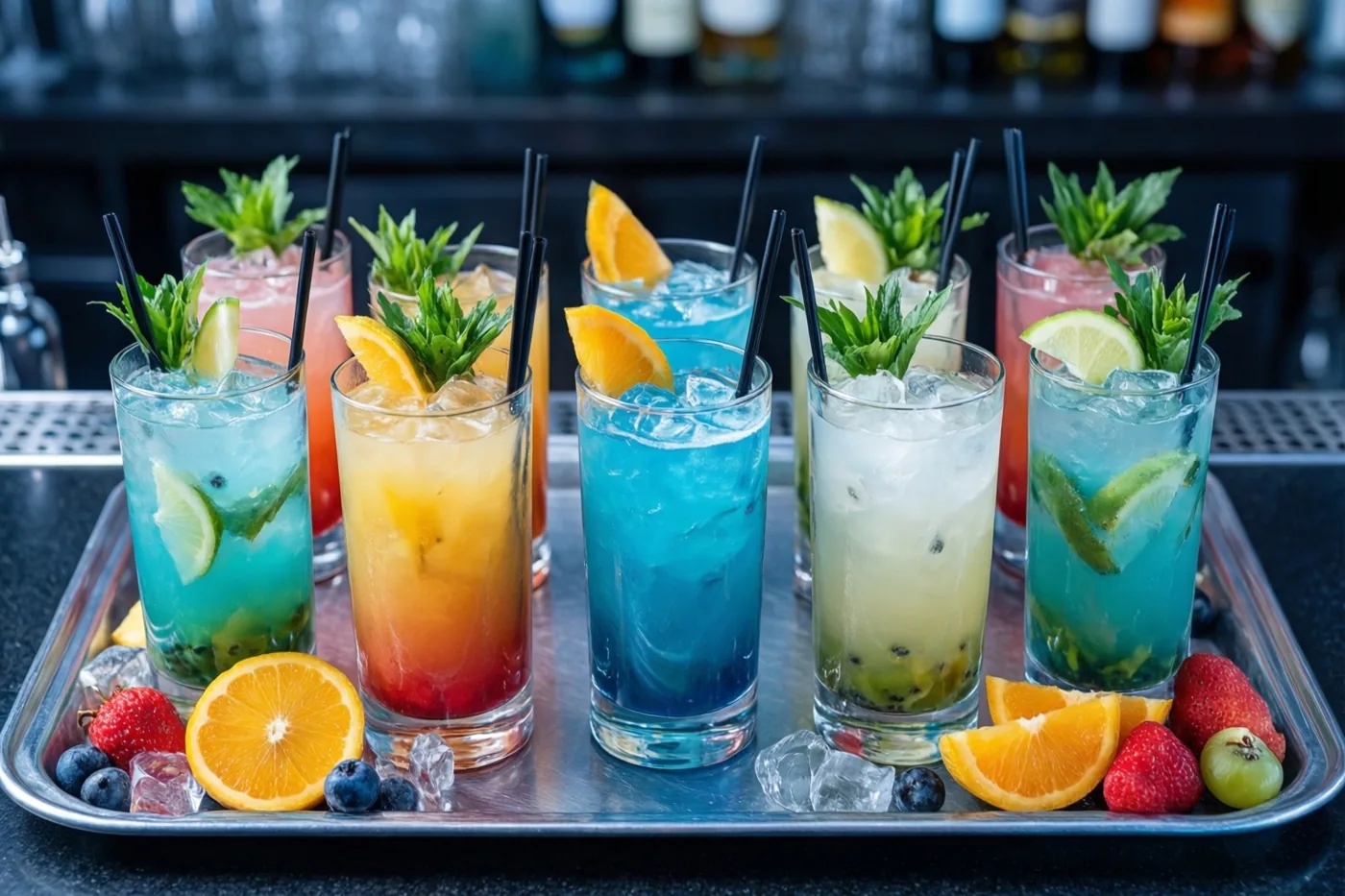 Op een metalen dienblad op een bar staan hoge glazen met blauwe, oranje en groene cocktails, versierd met schijfjes citrusfruit en verse kruiden.