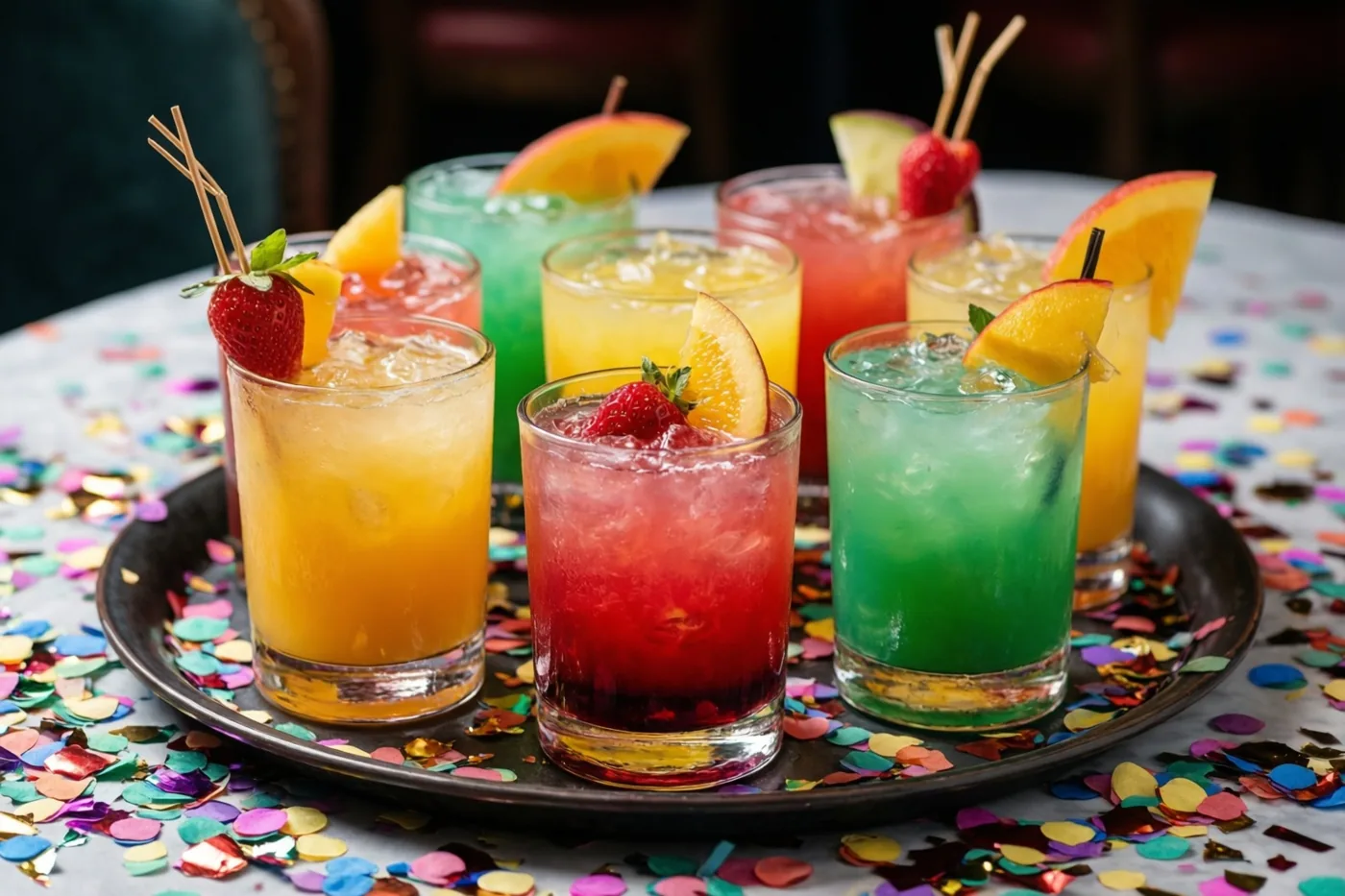 Op een zwart dienblad staan kleurrijke cocktails met fruitgarnering op een tafel vol veelkleurige confetti, met vooral rode, groene en gele tinten.