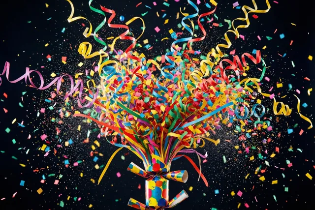 Uit een knalbonbon vliegen gekrulde papieren slingers en confetti in rood, geel, blauw en groen tegen een donkere achtergrond.