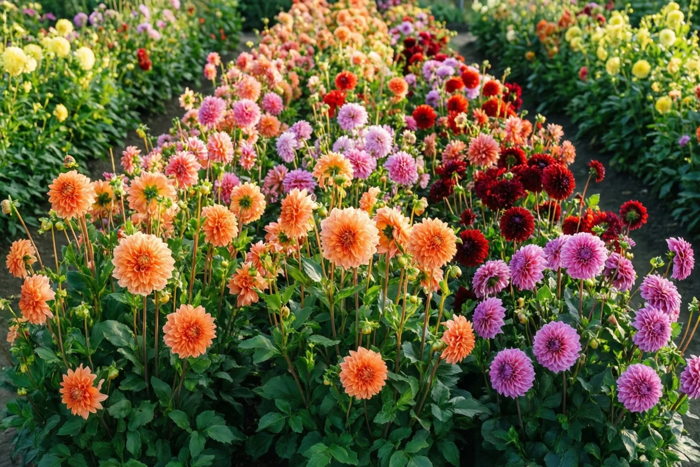 Rijen dicht opeen bloeiende dahlia's in oranje, roze, rood en lila staan tussen groen blad in een pluktuin in warm nazomerlicht.