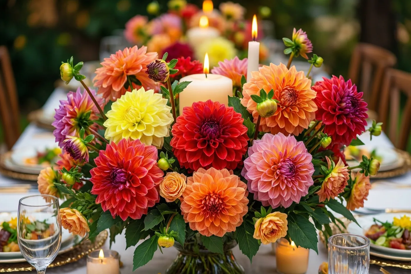 Een kleurrijk bloemstuk van dahlia’s en brandende kaarsen staat op een gedekte eettafel in warm licht met een onscherpe achtergrond.