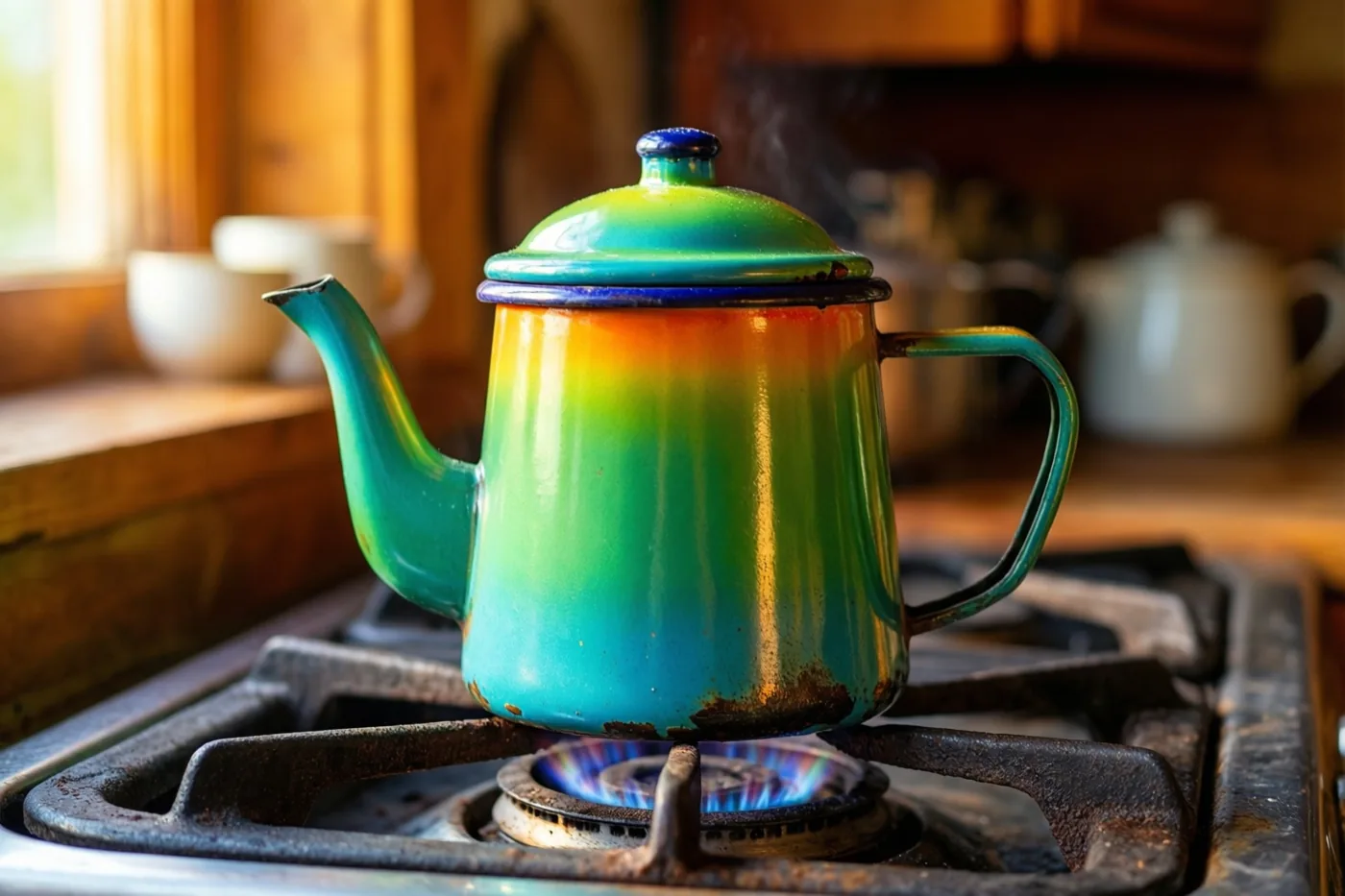 Een kleurrijke geëmailleerde koffiepot dampt boven een blauwe gasvlam in een landelijke keuken met houten elementen en vroeg ochtendlicht.