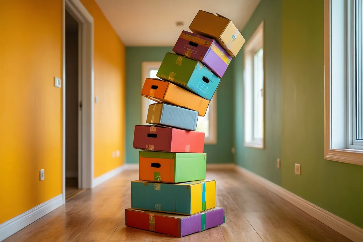 Een wankele toren kleurrijke verhuisdozen helt over in een gang met gele en groene muren.