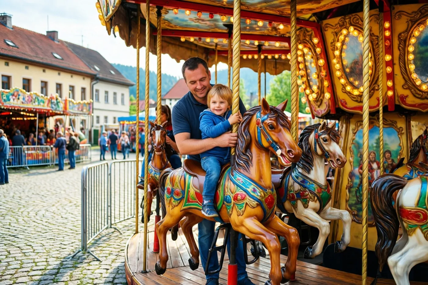 Een vader en zijn jonge kind zitten op een kleurrijke draaimolen op een dorpsplein met kasseien tijdens de kermis, met gebouwen en andere bezoekers op de achtergrond.
