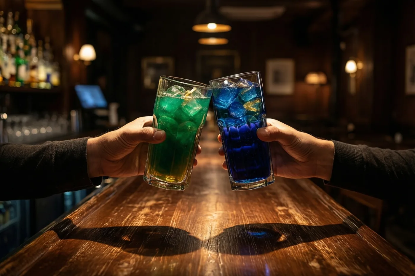 Twee handen heffen glazen met kleurrijke drankjes aan een houten toog in een café met gedempt, warm licht.