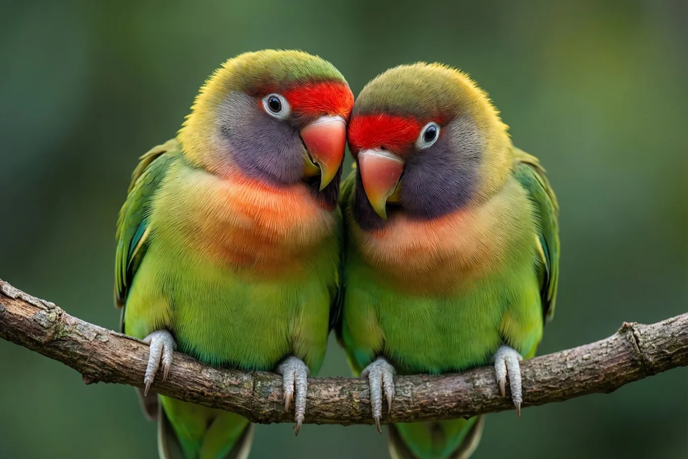 Twee dwergpapegaaien met levendige groene, rode en oranje kleuren zitten dicht bij elkaar op een boomtak met hun kopjes tegen elkaar.