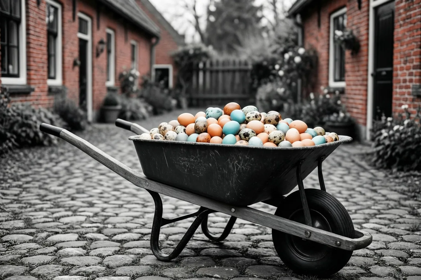 Een kruiwagen vol felgekleurde paaseieren staat op een gekasseid erf voor een bakstenen hoeve, waarbij de achtergrond vrijwel kleurloos is weergegeven.