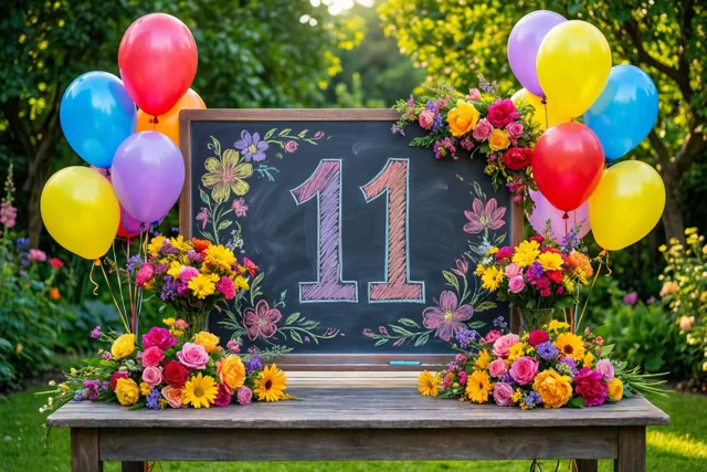 Een krijtbord met 11 in gekleurd krijt staat op een houten tafel tussen kleurrijke bloemen en ballonnen in een zonnige, groene tuin.