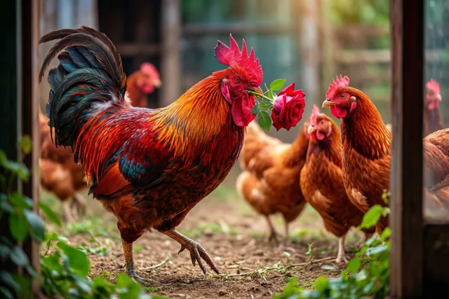 Een kleurrijke haan met een rode roos in zijn snavel stapt over een erf van aarde naar een groep kippen, met groen en houten bouwwerken op de achtergrond.