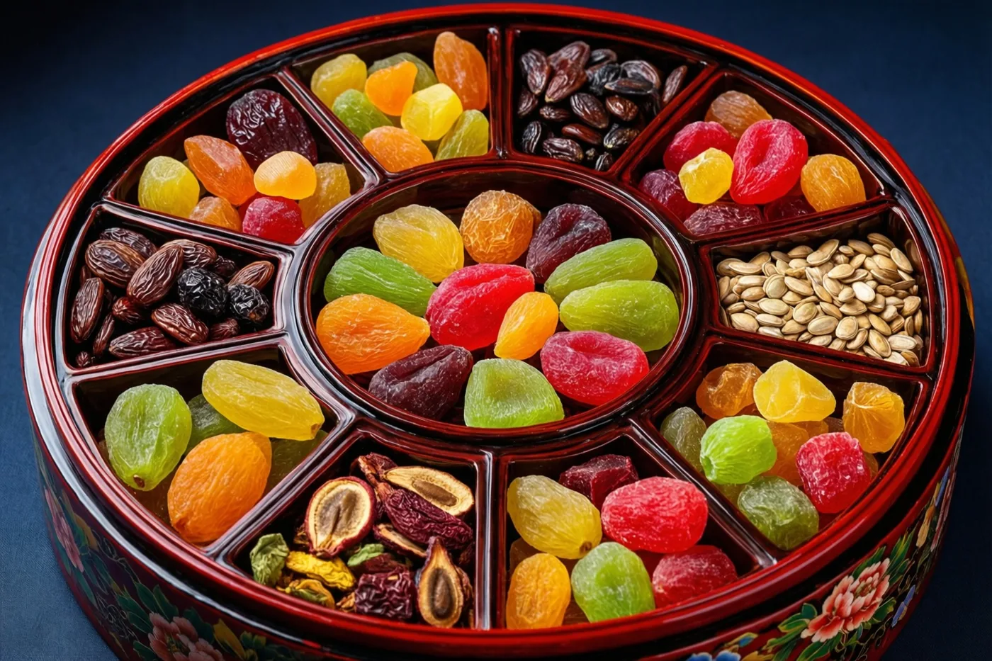Een ronde roodgelakte doos met vakjes vol kleurrijk gedroogd fruit en zaden staat tegen een donkerblauwe achtergrond.