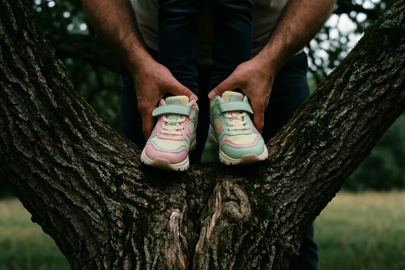 Volwassen handen houden kleurrijke kindersportschoenen vast op de laagste tak van een grote eik, in een groene omgeving met zacht licht.