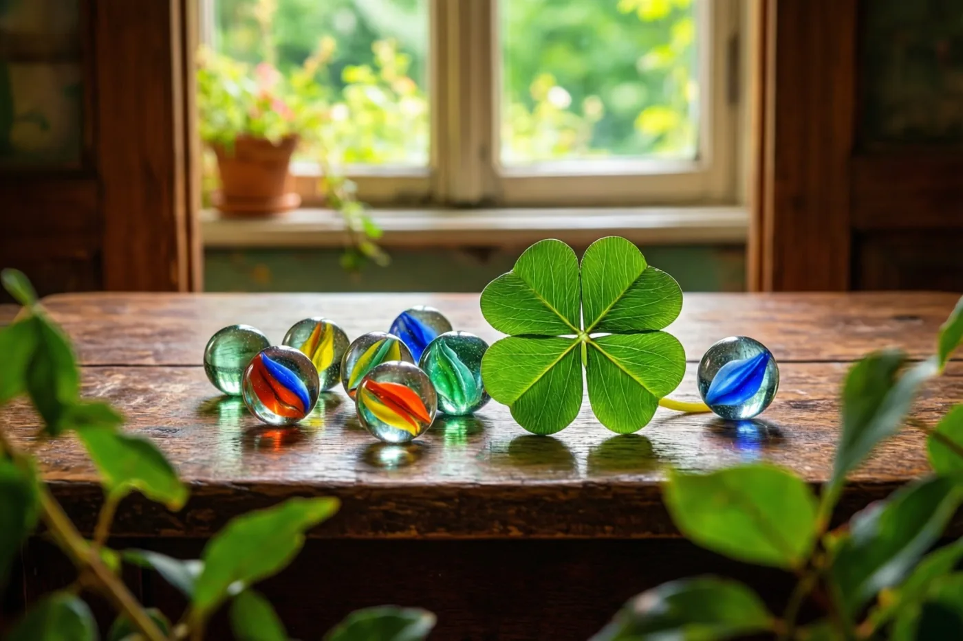 Een klavertjevier en kleurrijke glazen knikkers liggen op een rustieke houten tafel binnenshuis, met daglicht uit een raam op de achtergrond.