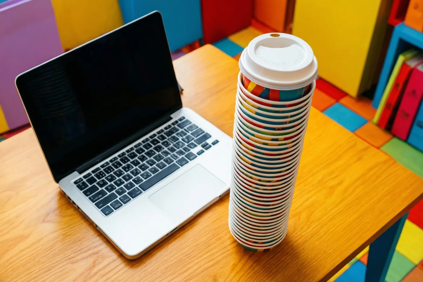 Een hoge stapel kleurrijke koffiebekers staat naast een zilverkleurige laptop op een houten bureau, tegen een achtergrond met veelkleurige geometrische vormen.