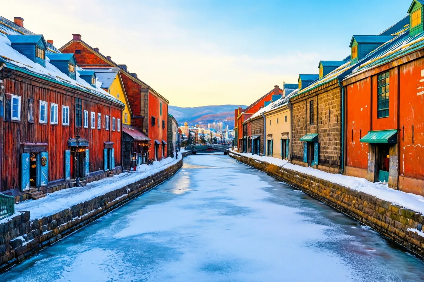 Een bevroren kanaal loopt tussen kleurrijke oude koopmanshuizen met besneeuwde trapgevels onder een helderblauwe hemel, met heuvels in de verte.