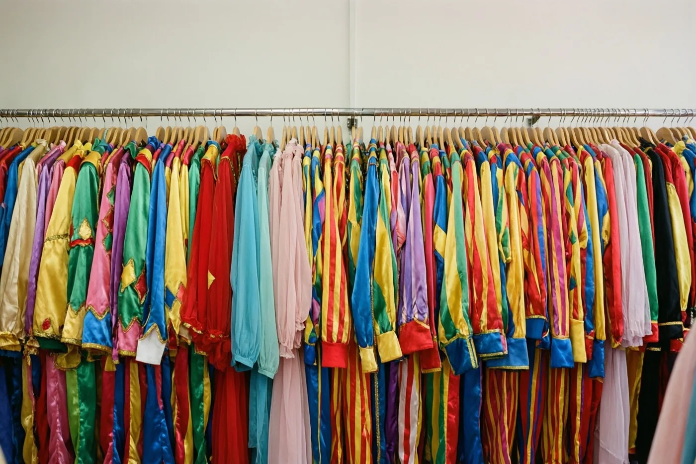 Felgekleurde carnavalskostuums in rood, geel, blauw, groen en roze hangen op houten kleerhangers aan een metalen stang in een verkleedwinkel.