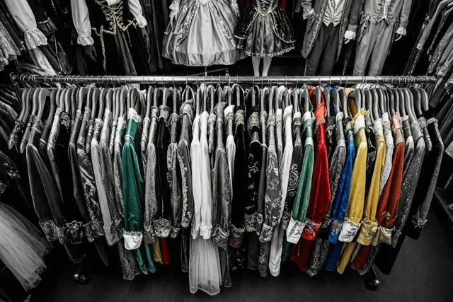 Kleurrijke carnavalskostuums hangen aan een rek in een winkel, met een zwart-witte achtergrond waarop nog kostuums op paspoppen te zien zijn.
