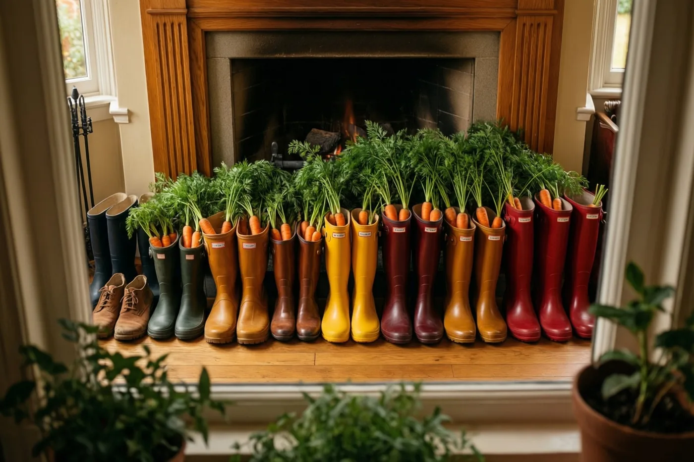 Een rij kleurrijke laarzen en regenlaarzen met in elke laars een wortel met loof staat op een houten schoorsteenmantel bij een haard.