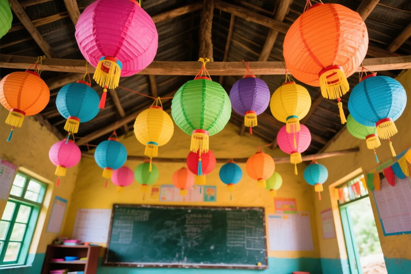 Handgemaakte papieren lampionnen in roze, oranje, groen, blauw en geel hangen aan het houten plafond van een dorpsklas.