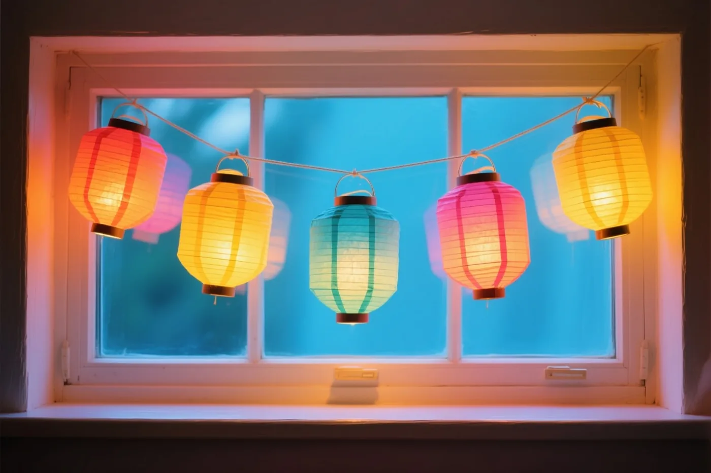 Brandende papieren lampionnen in oranje, geel, roze en blauwgroen hangen langs een vensterbank tegen een helderblauwe raamachtergrond.