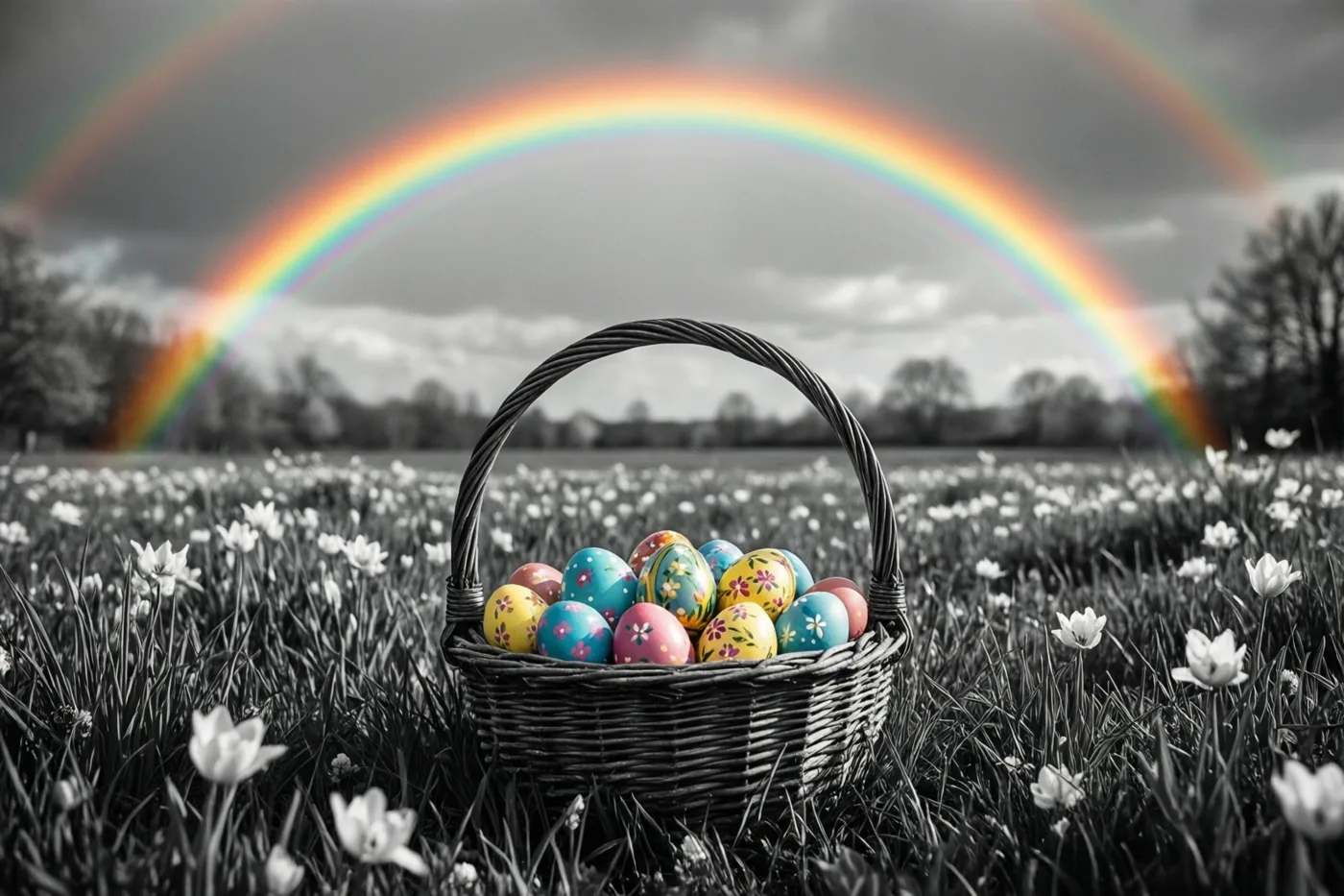 Een rieten mand met kleurrijke paaseieren staat tussen witte bloemen onder een regenboog in een bewolkte lucht, met de eieren en regenboog in kleur tegen een zwart-witte achtergrond.