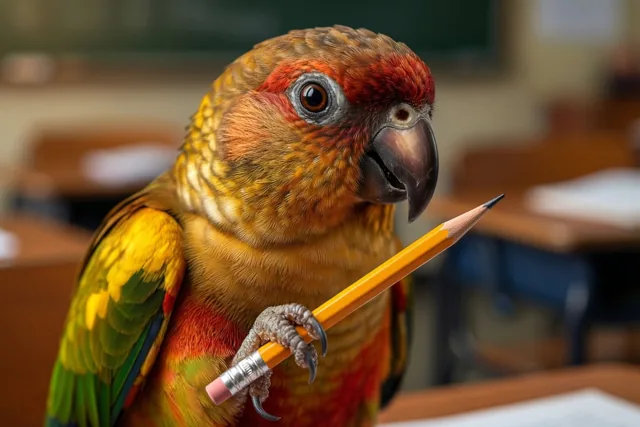 Een papegaai met rode, gele en groene veren houdt een geslepen geel potlood in zijn poot aan een houten schoolbank, met wazige stoelen en papieren op de achtergrond.
