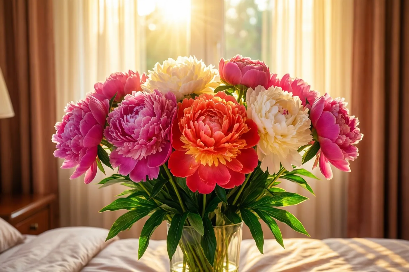 Een glazen vaas met roze, oranje en crèmekleurige pioenen staat op een bed in warm ochtendlicht dat door doorschijnende gordijnen valt.