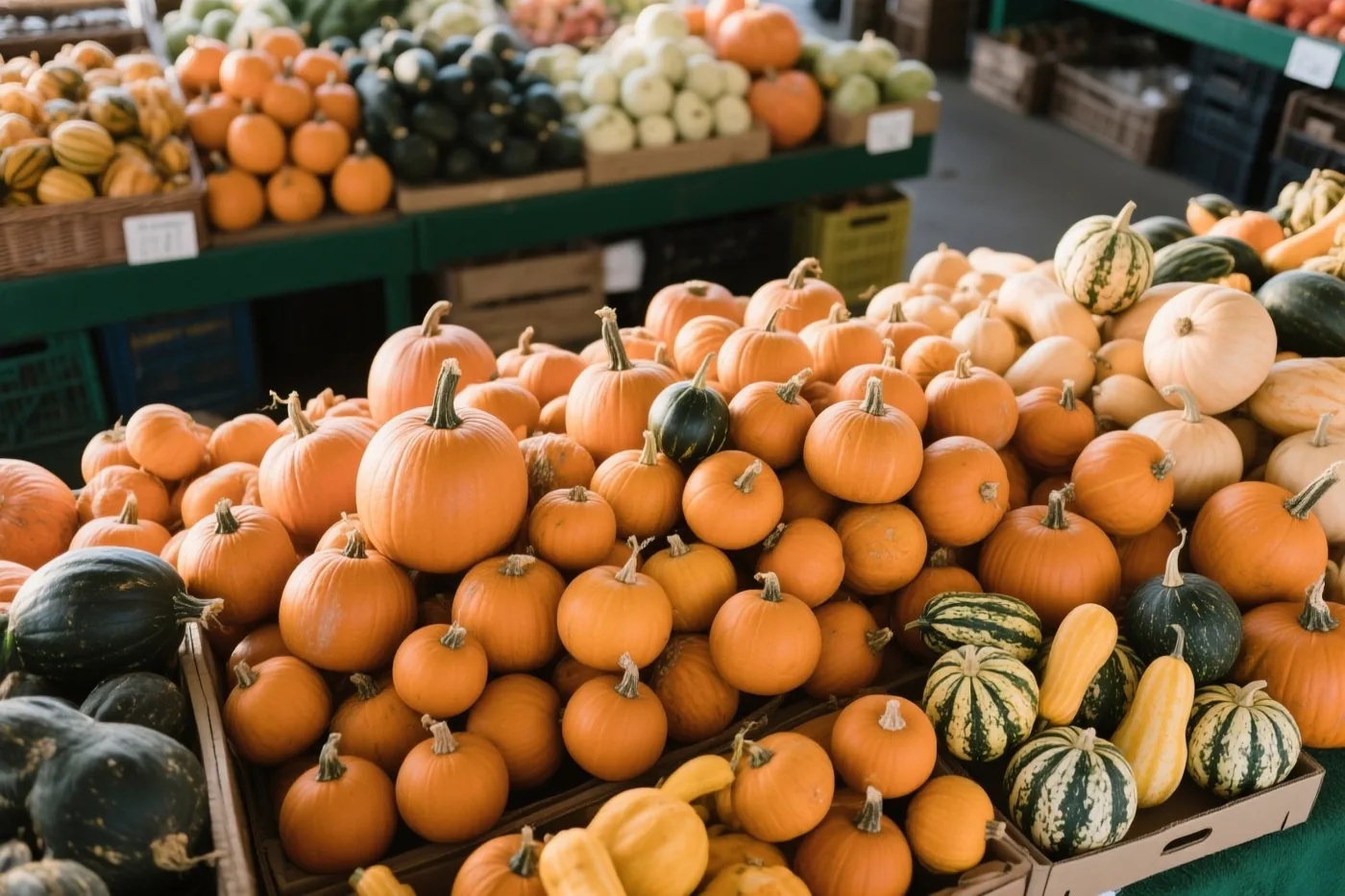 Op een boerderijkraam buiten liggen veel pompoenen in uiteenlopende vormen en oranje, groene en crèmekleurige tinten.