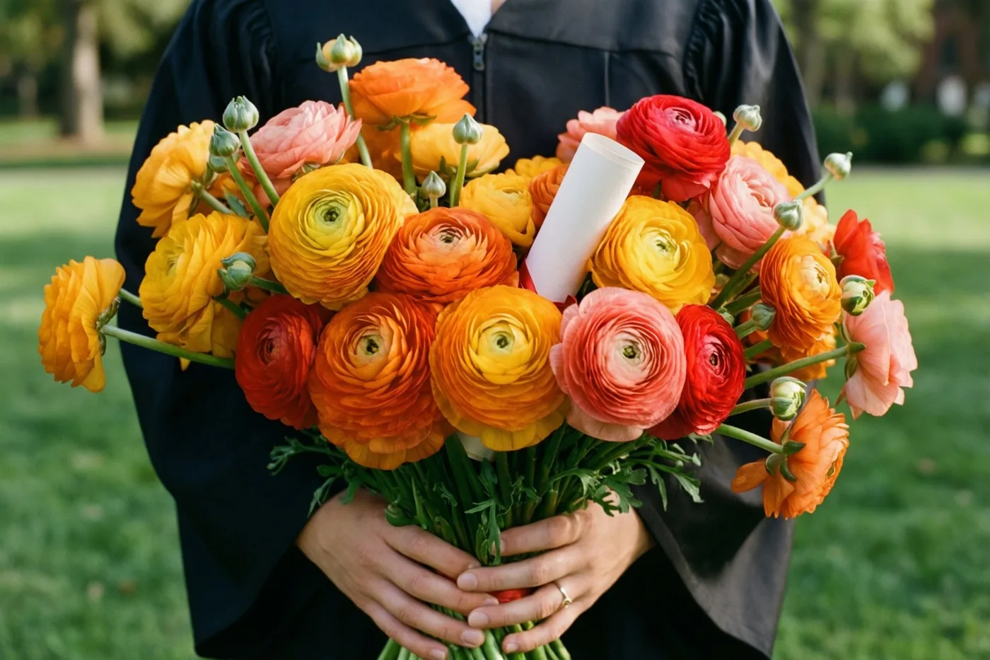 Een persoon in een zwarte afstudeertoga houdt een kleurrijk boeket ranonkels in geel, oranje en rood met een opgerold diploma vast op een gazon met bomen erachter.